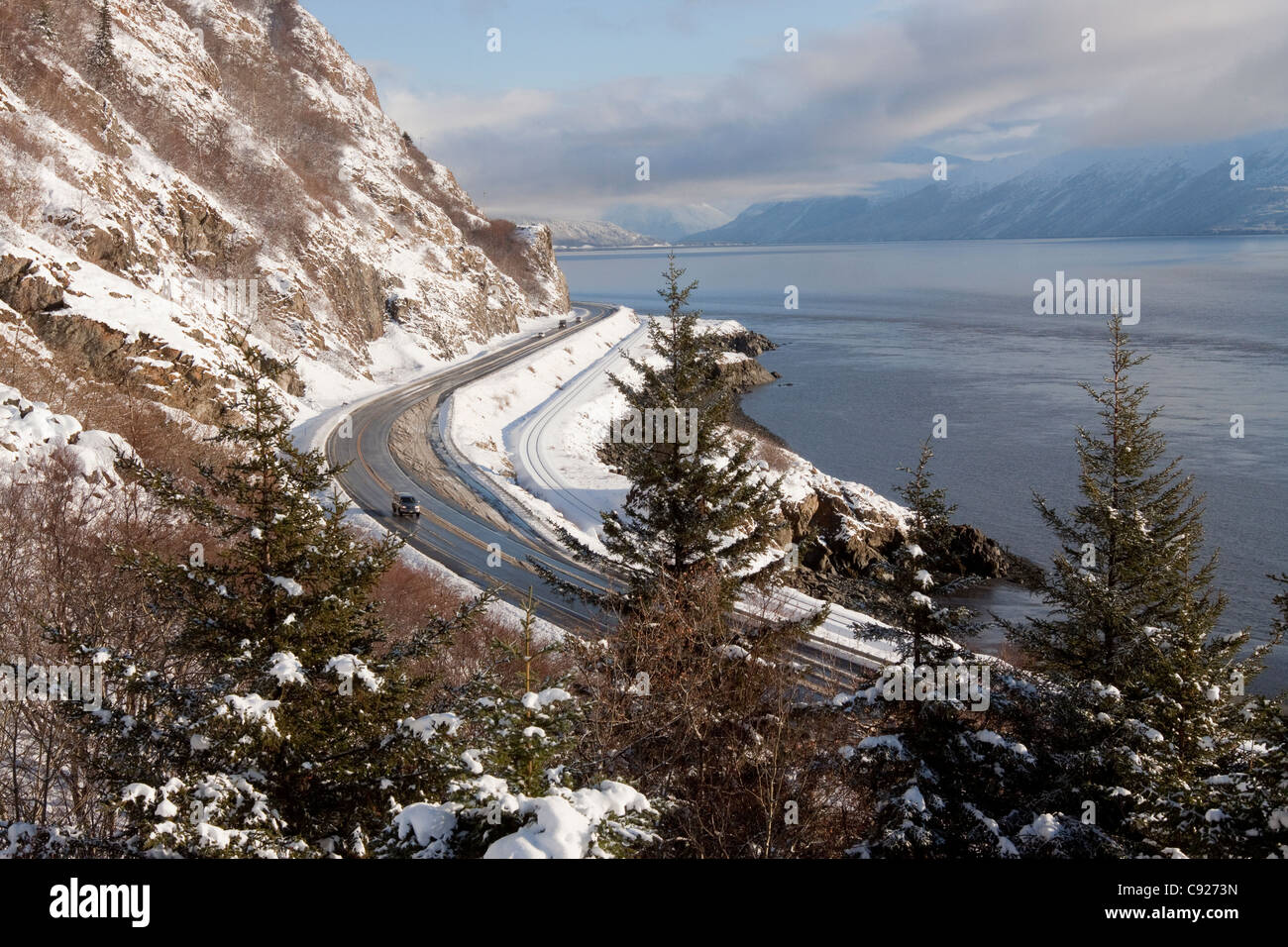 Scenic overlooking the Seward Highway and Turnagain Arm, Southcentral Alaska, late Autumn Stock Photo