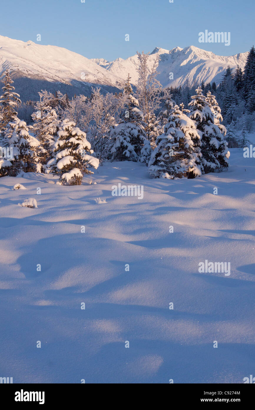 Scenic view of Chugach Mountains and snowcovered landscape, Southcentral Alaska, Winter Stock Photo