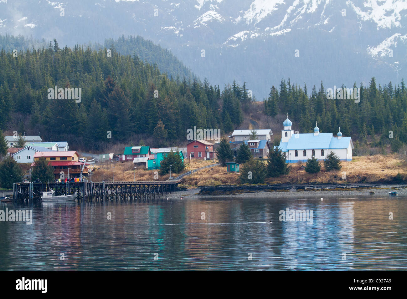View of the native village of Tatitlek, Prince William Sound, Southcentral Alaska, Spring Stock Photo