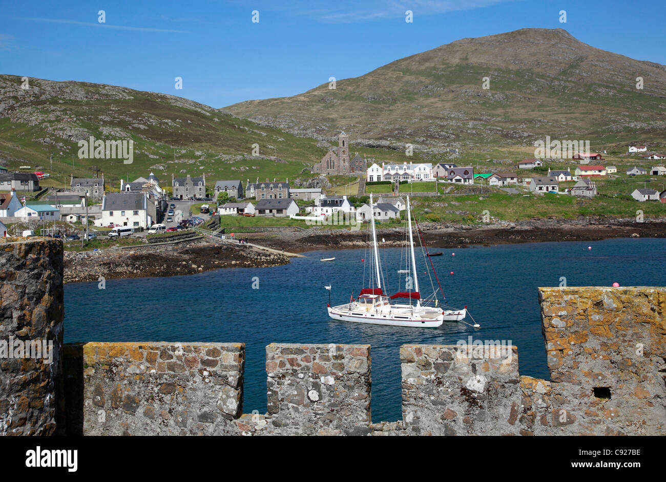 View of Barra from Kisimul Castle, a medieval castle in Castlebay in the Outer Hebrides, Scotland Stock Photo