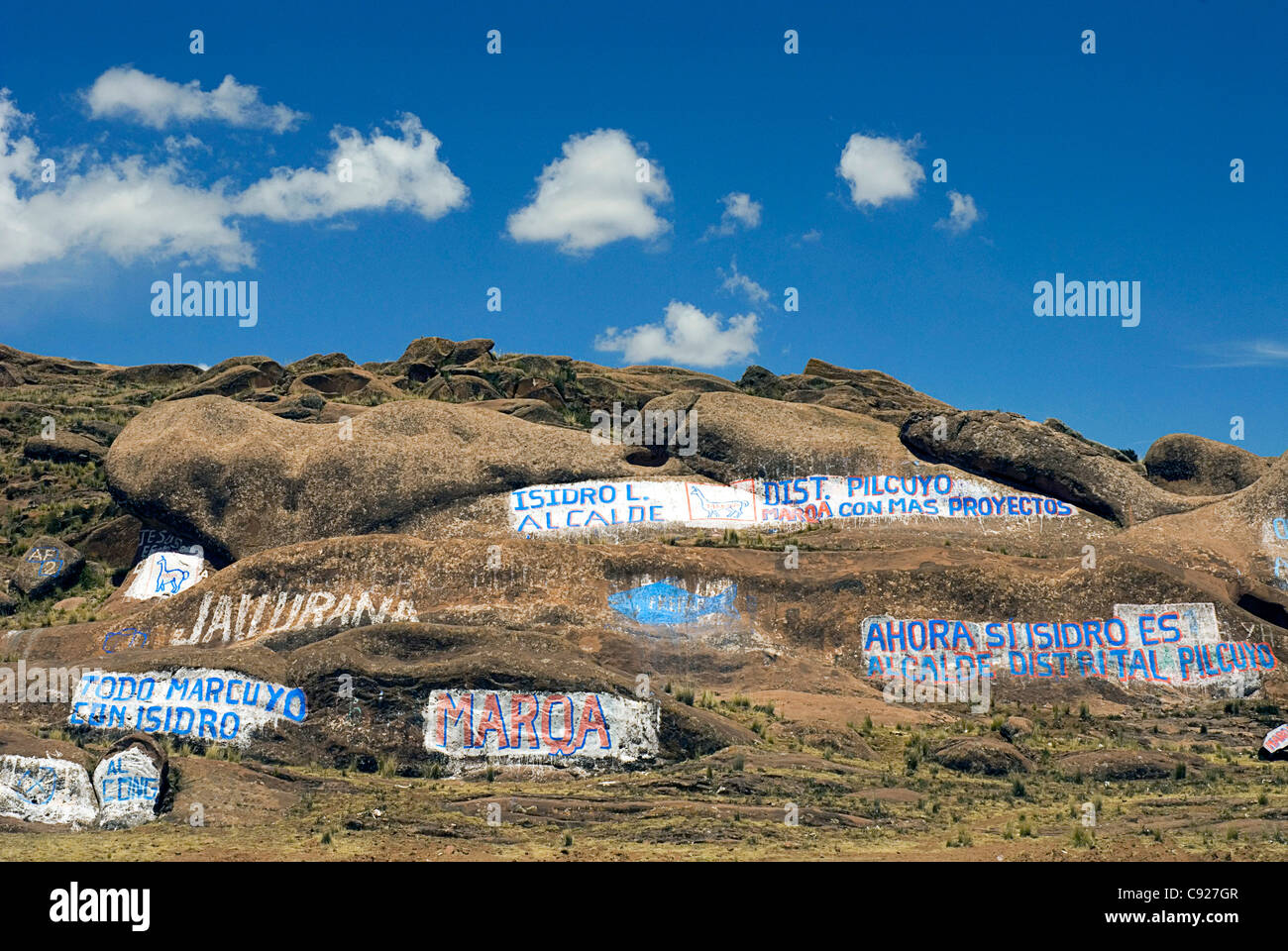 Peru, Lake Titicaca, Juli, political slogans painted on rocks Stock Photo