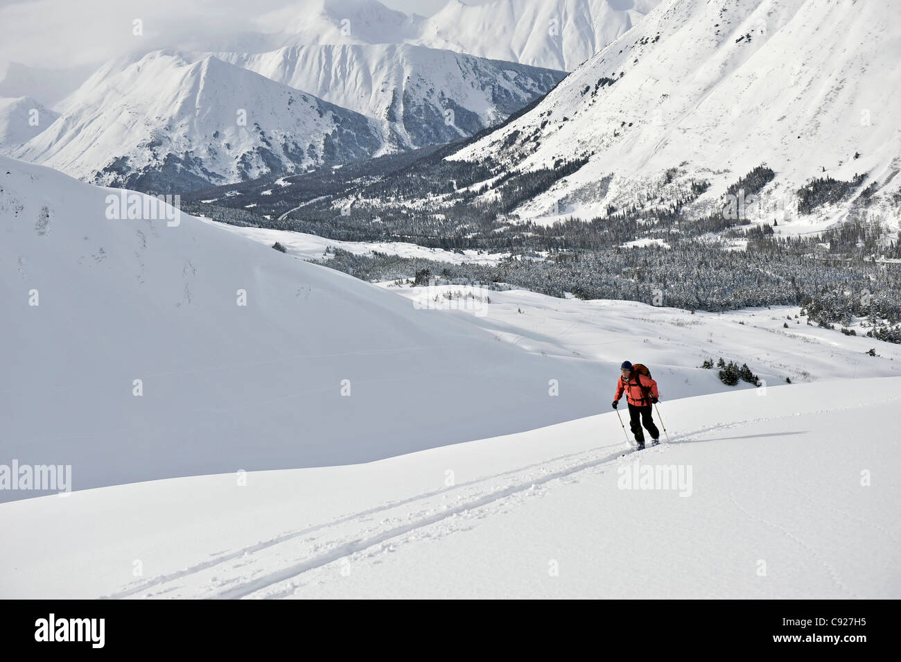 Woman skier backcountry skiing in PMS Bowl in Turnagain Pass, Chugach National Forest, Southcentral Alaska, Winter Stock Photo