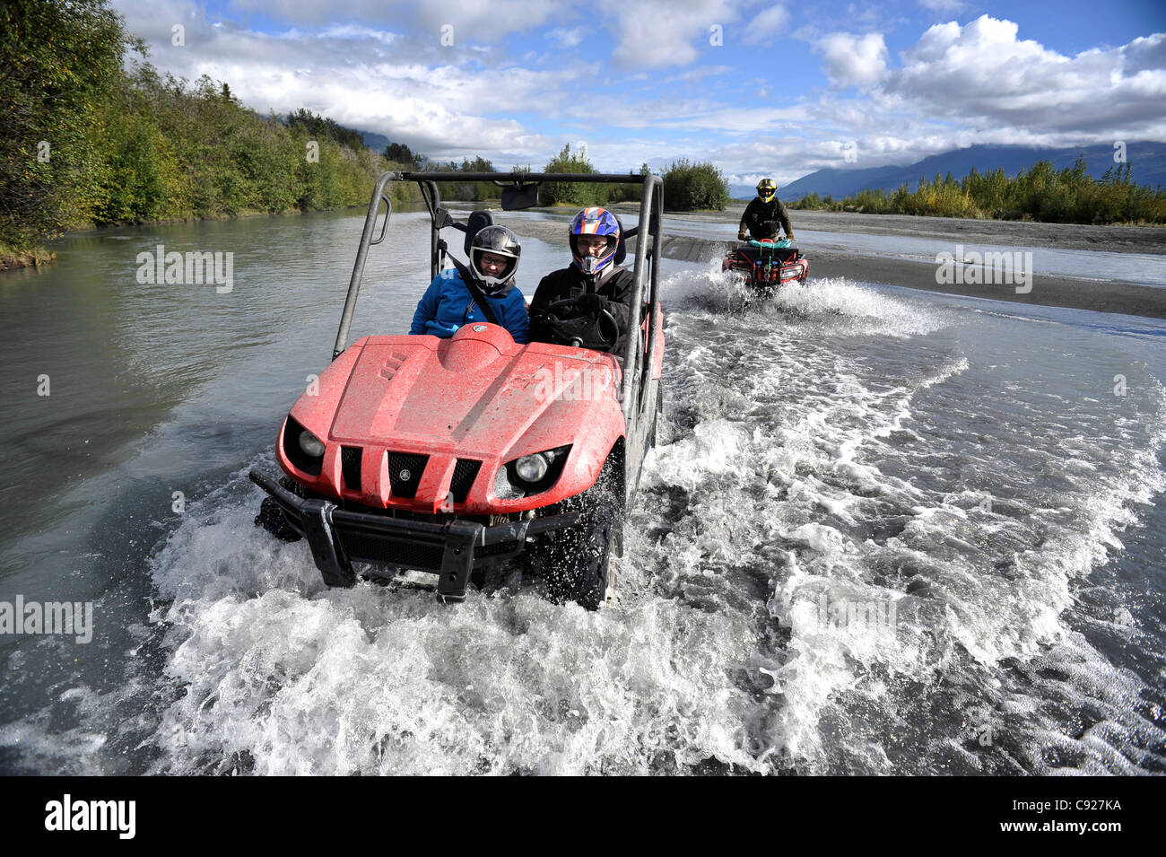 Riders on an ATV tour to the Knik Glacier in the Matanuska Valley with Alaska Backcountry Adventure Tours near Palmer, Alaska Stock Photo