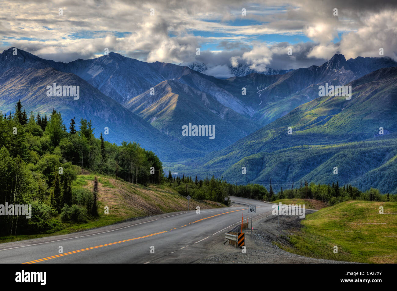 Scenic view of Mountains and Glenn Highway, Southcentral Alaska, Summer, HDR Stock Photo