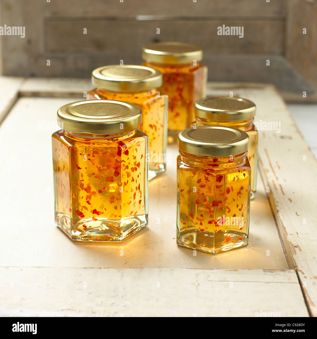 Jars of chilli jelly Stock Photo