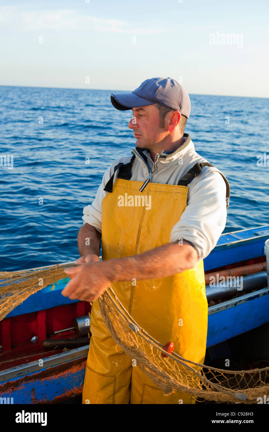 Fisherman pulling in nets on boat Stock Photo Alamy