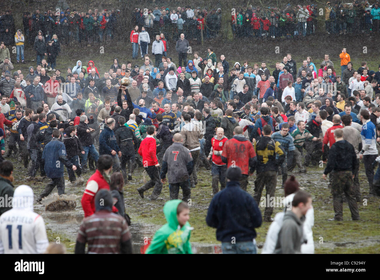 The annual Royal Shrovetide Football game held over 2 days on Shrove Tuesday and Ash Wednesday in Ashbourne, Derbyshire, England Stock Photo