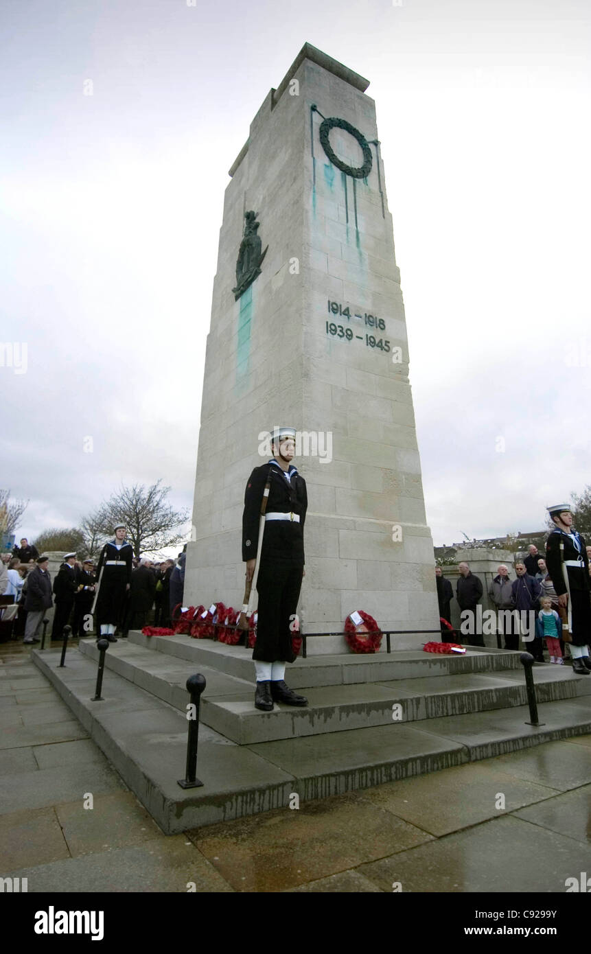 National service of remembrance marking Armistice Day at the Cenotaph on the seafront in Swansea, South Wales, UK. Stock Photo