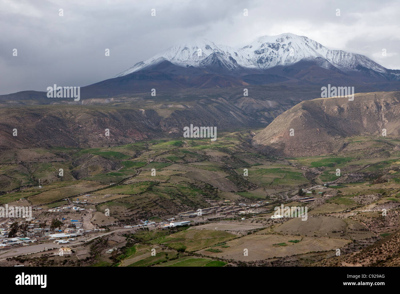 Chile, Putre, view of village and Tarapaca volcano Stock Photo