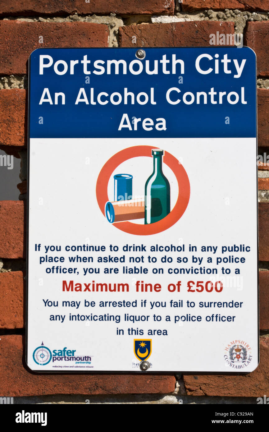 A sign in Southsea, Portsmouth City, warning that this is an alcohol control area. Stock Photo