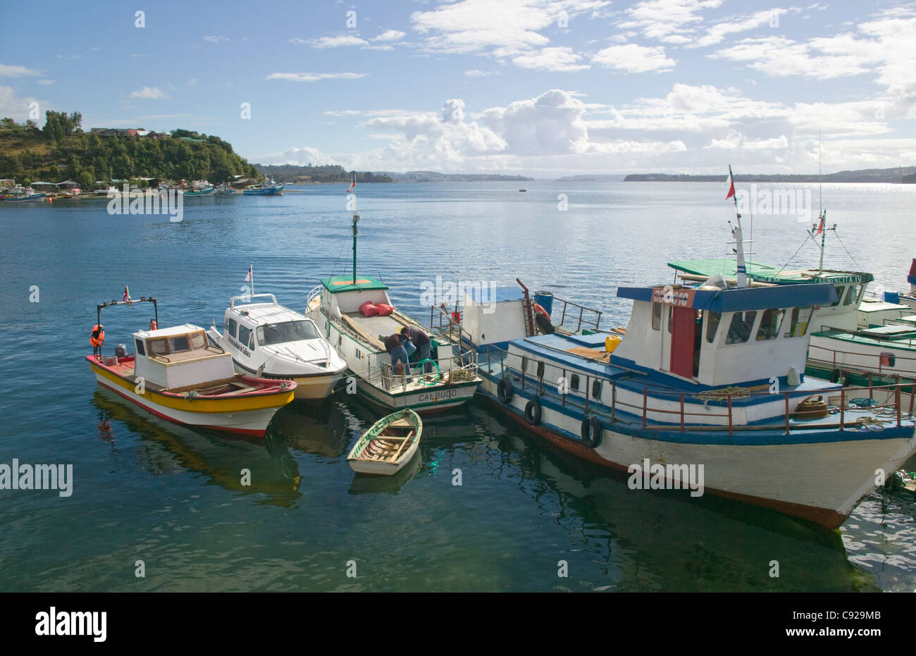 Chile, near Puerto Montt, Calbuco, fishing boats in the harbour Stock Photo