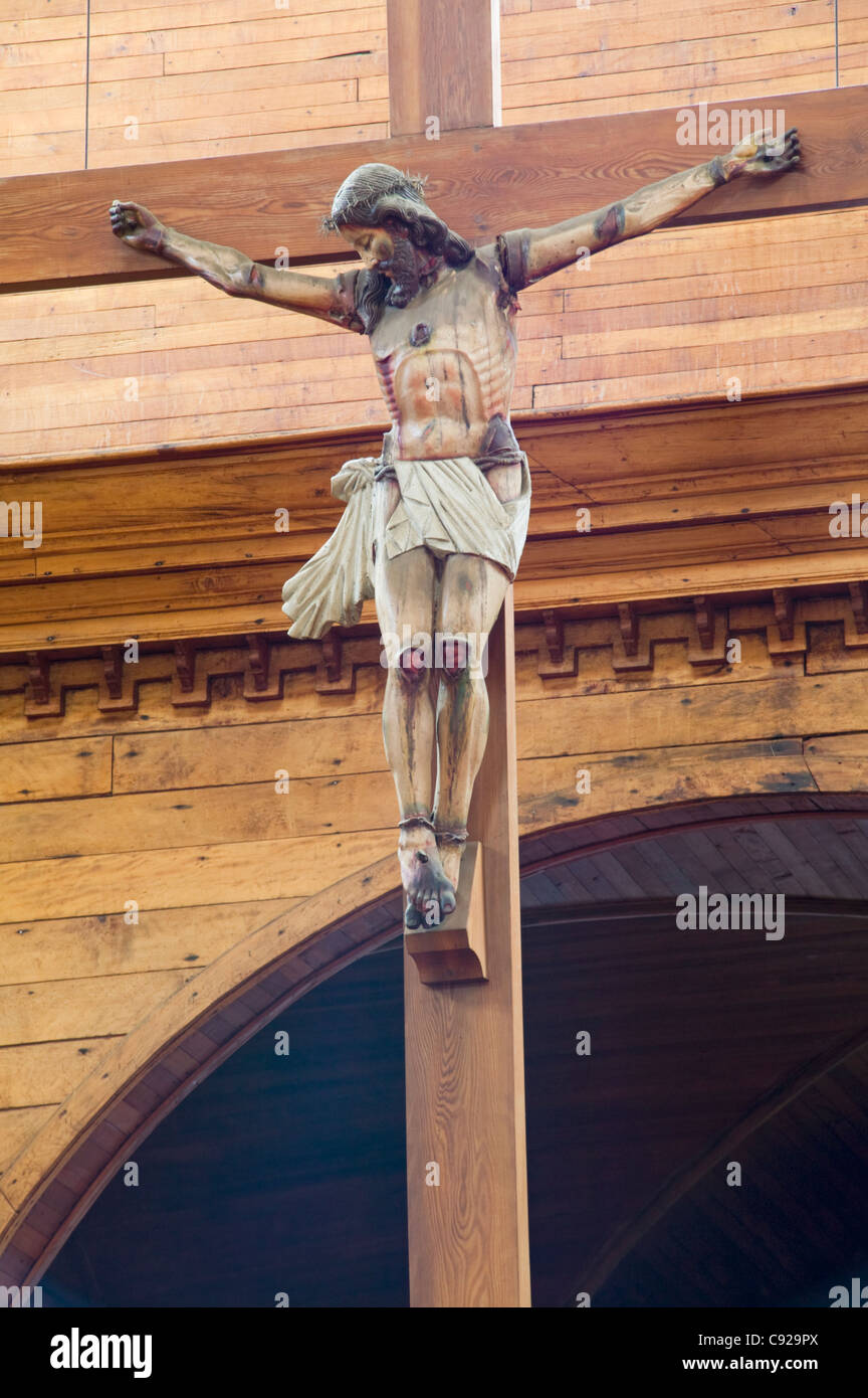 Chile, Chiloe, Castro, Iglesia San Francisco, Jesus Christ on cross Stock Photo