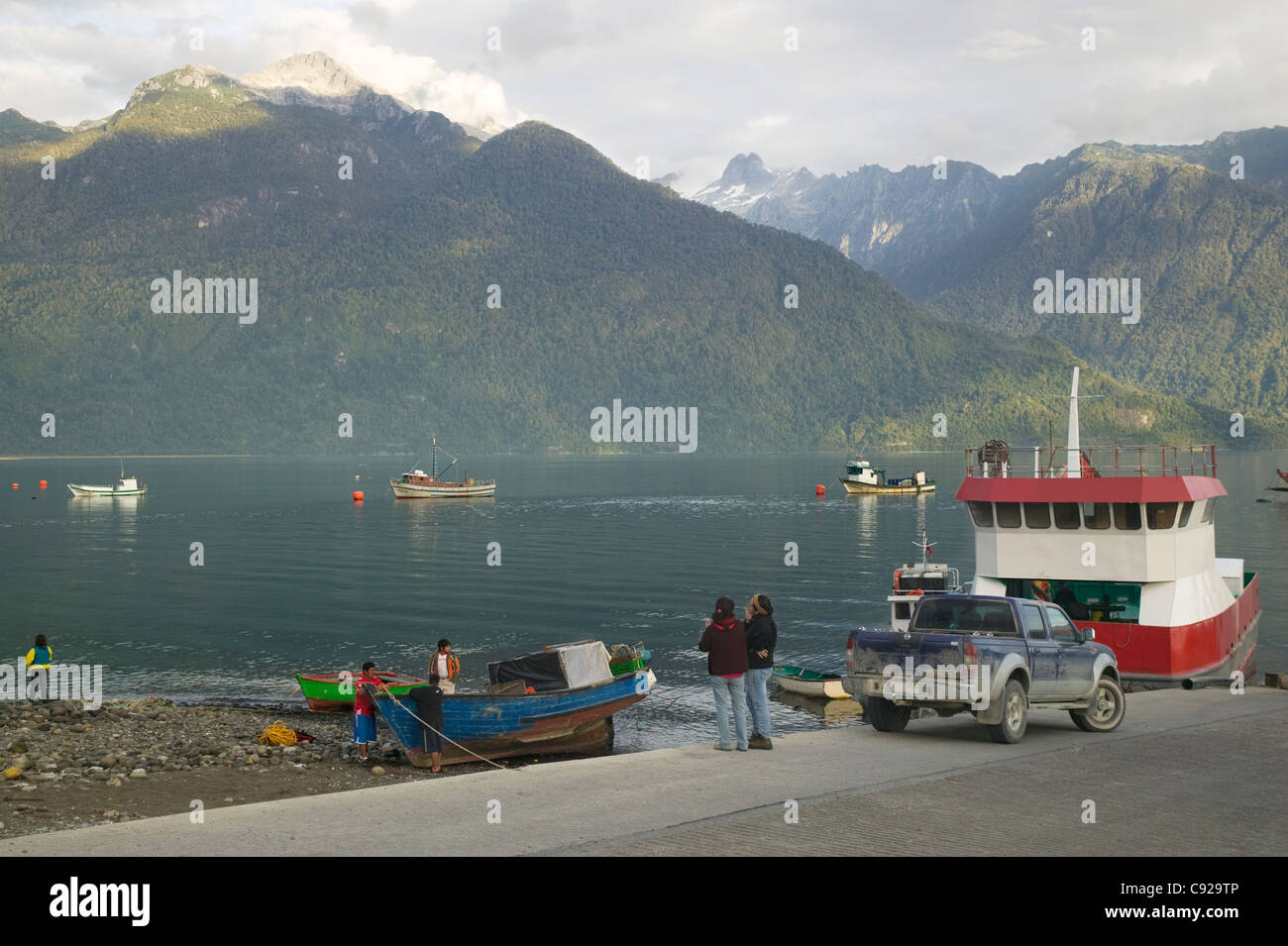 Chile, Patagonia, Los Lagos Region, Hornopiren, harbour scene Stock Photo