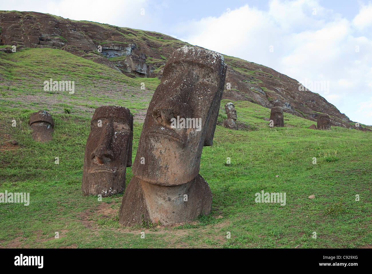 Chile, Easter Island (Rapa Nui), Rano Raraku, Moai heads Stock Photo