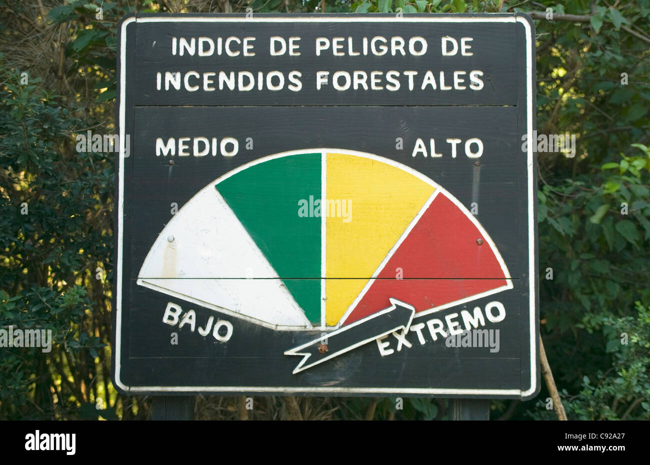 Chile, Parque Nacional Huerquehue, near Pucon, forest fire warning sign Stock Photo