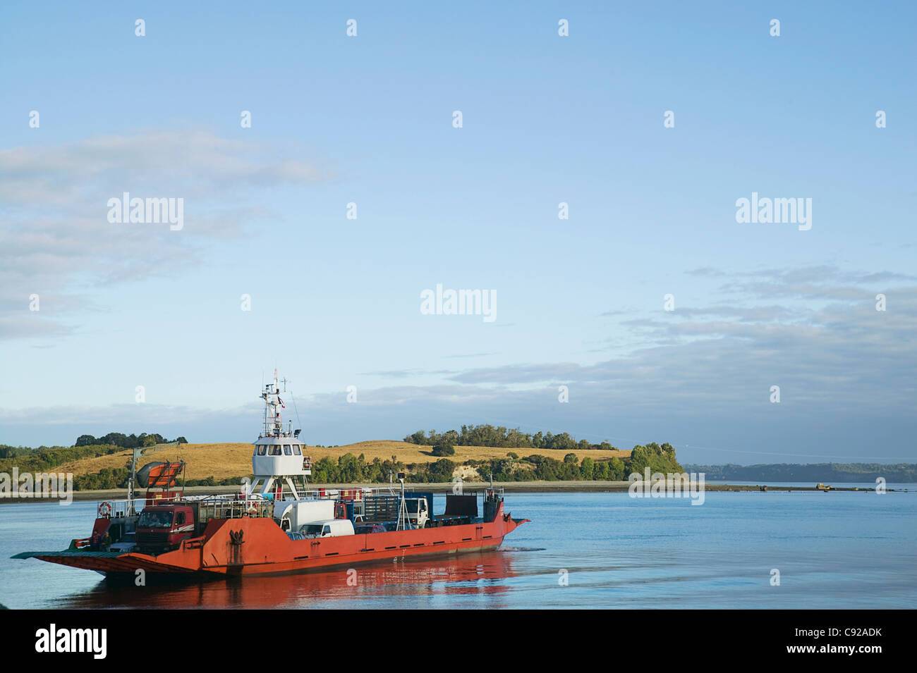 Chile, Chiloe, ferry travelling across the Chacao Channel Stock Photo