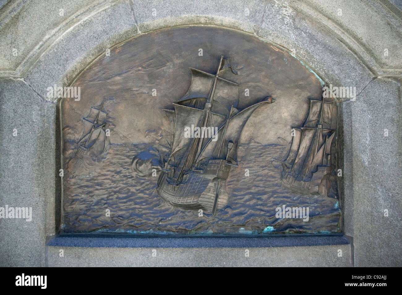 Chile, Patagonia, Punta Arenas, Plaza Munoz Gamero, detail on monument for Ferdinand Magellan Stock Photo