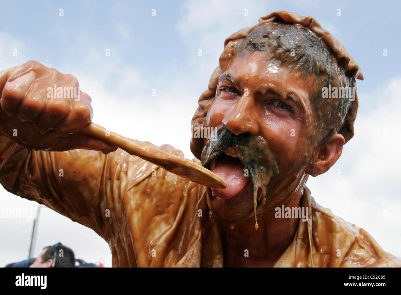 The quirky annual World Gravy Wrestling Championships, held in August at Rose 'n' Bowl pub in Stacksteads, Lancashire, England Stock Photo