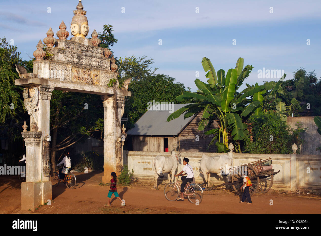 The Khmer entrance gate to Kampong Tralach Krom has famous ceramic detailing. Stock Photo