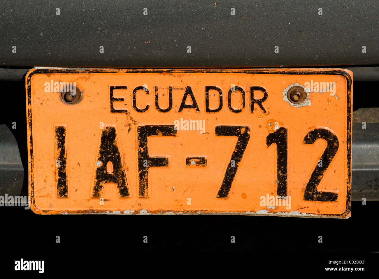 Closeup of a Ecuador license plate on a vehicle, Santa Cruz Island, Galapagos Islands, Ecuador