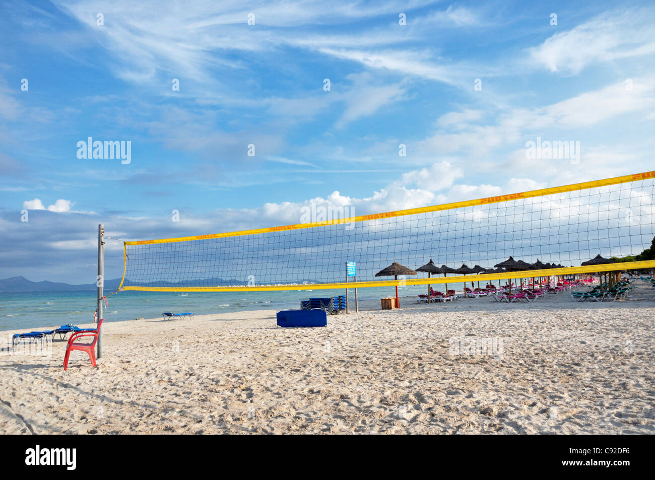 Volleyball net on the beach, Alcudia, Mallorca, Spain Stock Photo