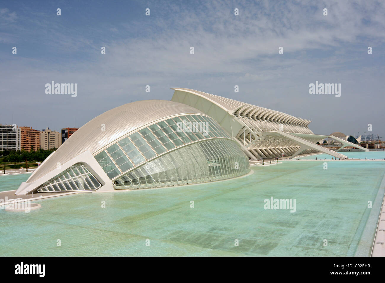 L'Hemisferic containing an Imax cinema planetarium and laserium is 13 000m2 and El Museu del les Ciencies Principe Felipe is a Stock Photo