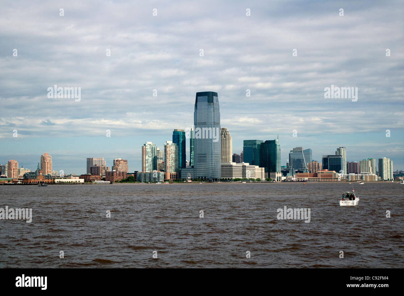 Jersey City skyscrapers (Goldman Sachs 30 Hudson Street) muddy water aftermath of storm Irene (August 28 2011) Stock Photo