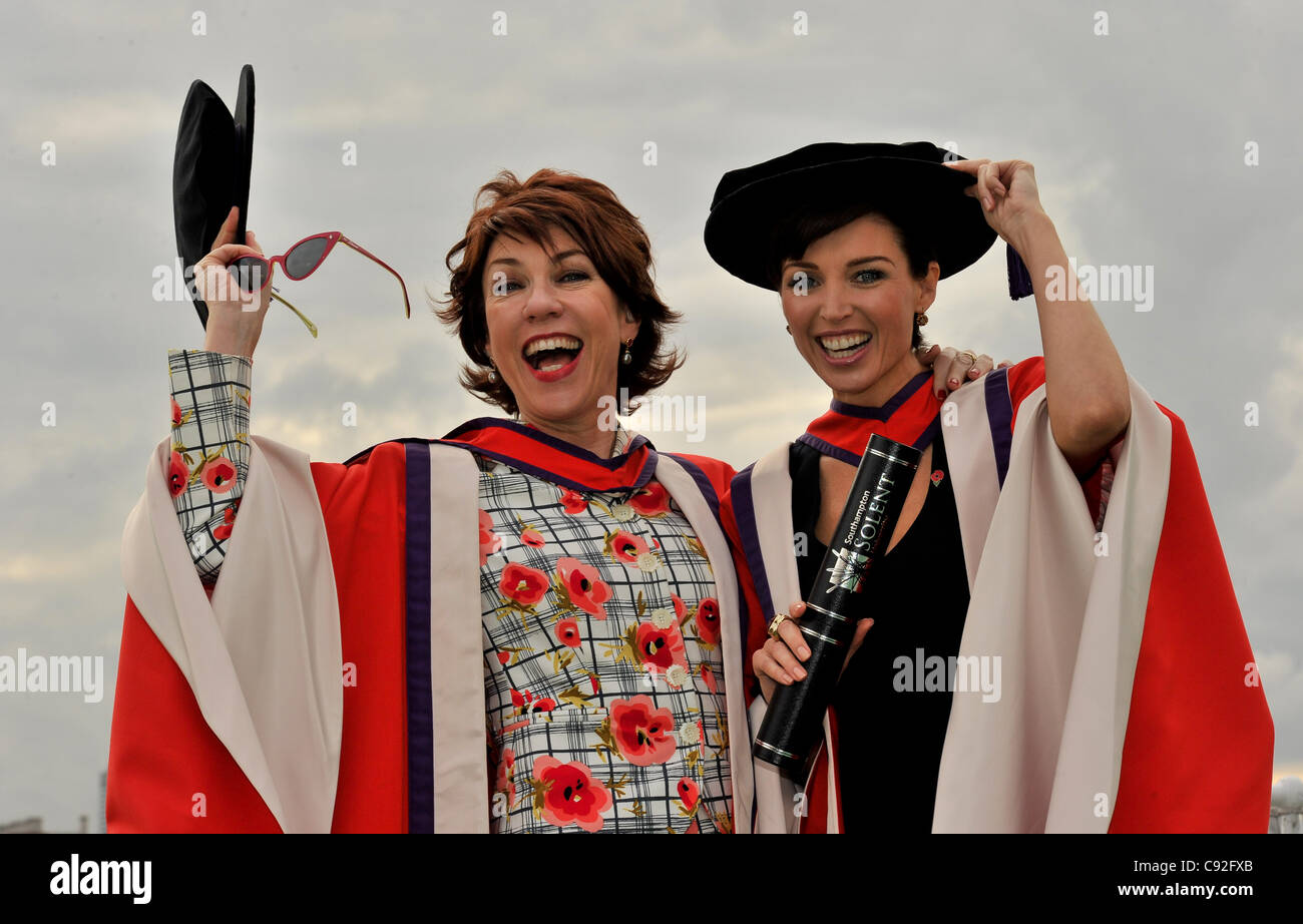Dannii Minogue seen here with Novelist Kathy Lette (lft) and fellow australian who is also a doctor of Arts from the Solent University Singer-songwriter, actress, television personality, fashion designer and style icon, Dannii Minogue, has been honoured by Solent University in recognition of her out Stock Photo