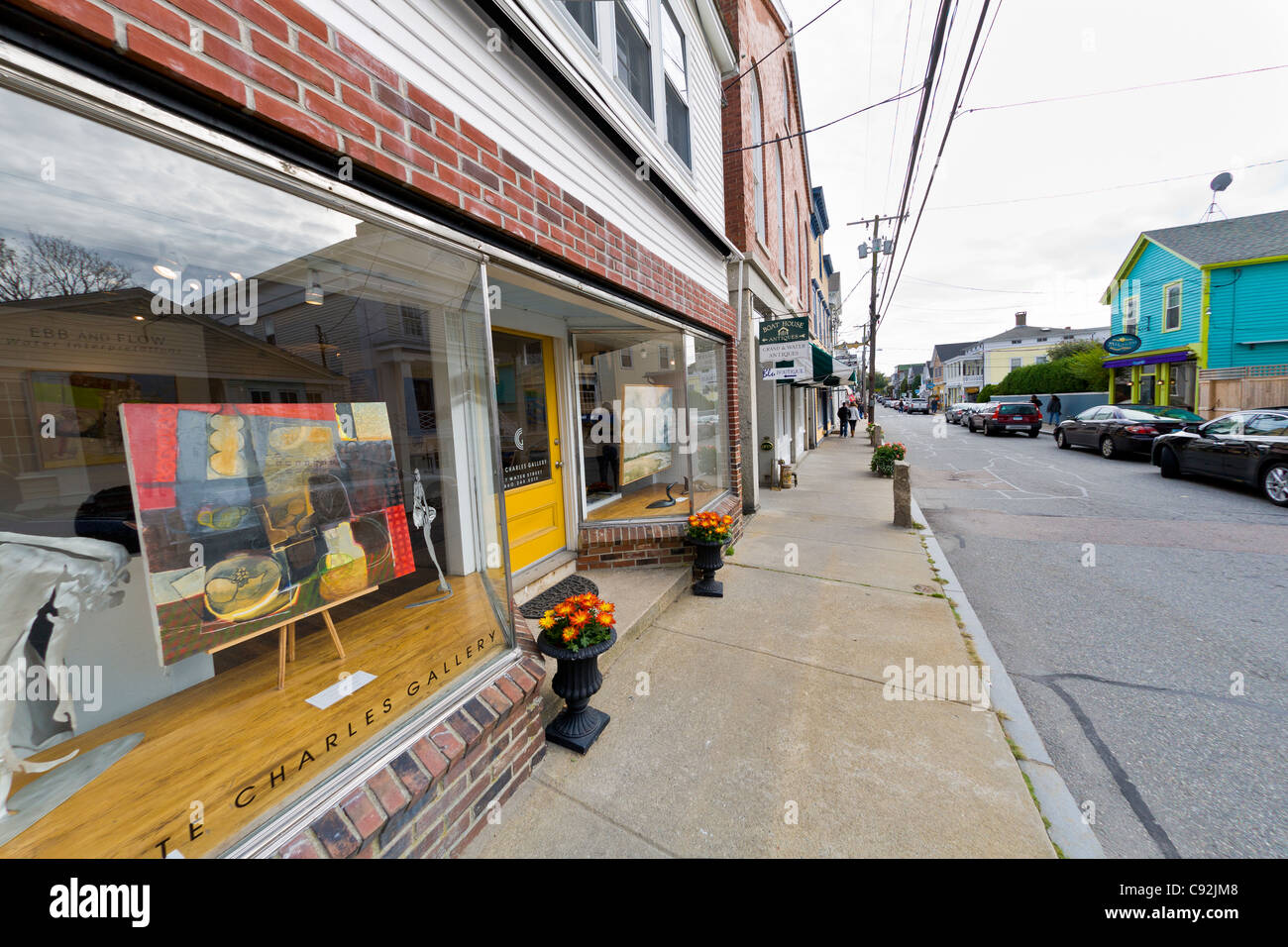 Shopping and dining downtown area of old Stonington Connecticut Stock
