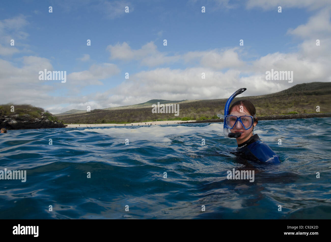 Scuba diver diving underwater, Playa Ochoa, San Cristobal Island