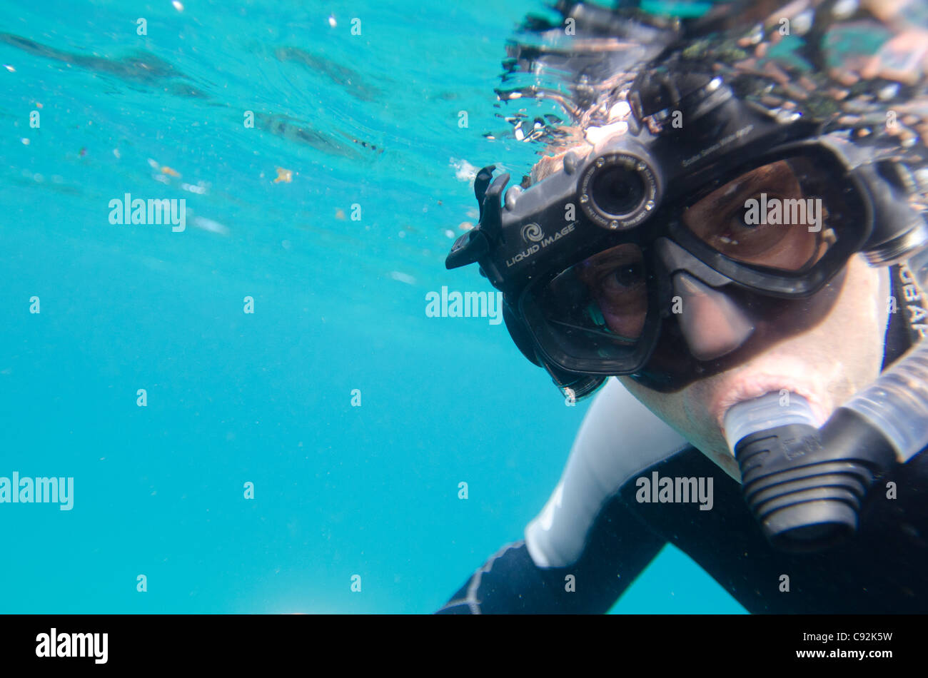 Scuba diver swimming underwater, Puerto Egas, Santiago Island