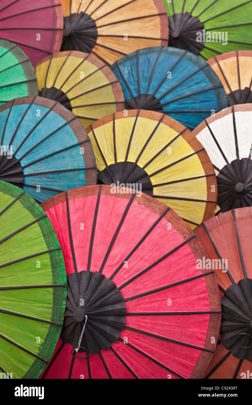 Multicoloured paper umbrellas or parasols, Laos Stock Photo