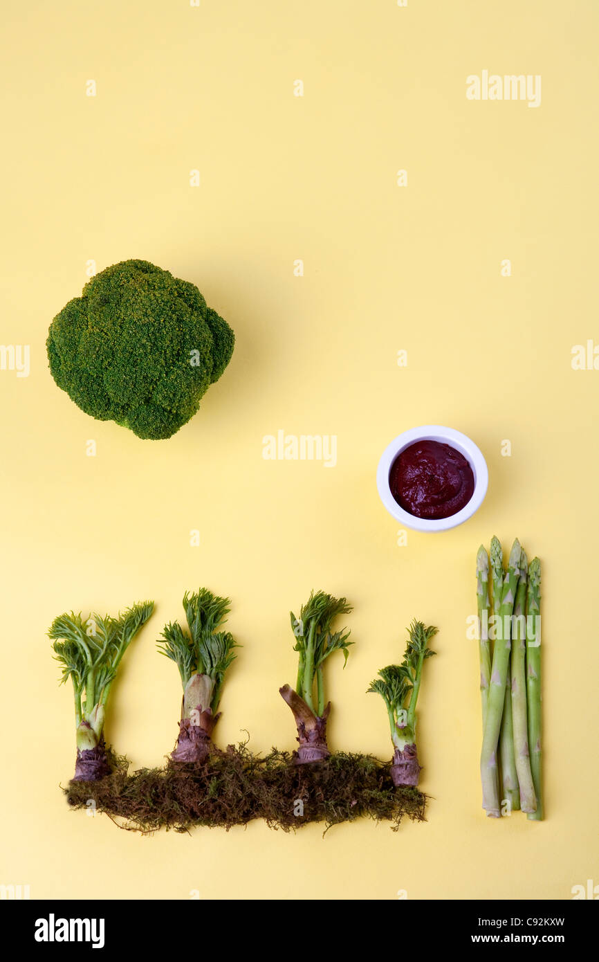 Root vegetables with broccoli and chili sauce Stock Photo Alamy