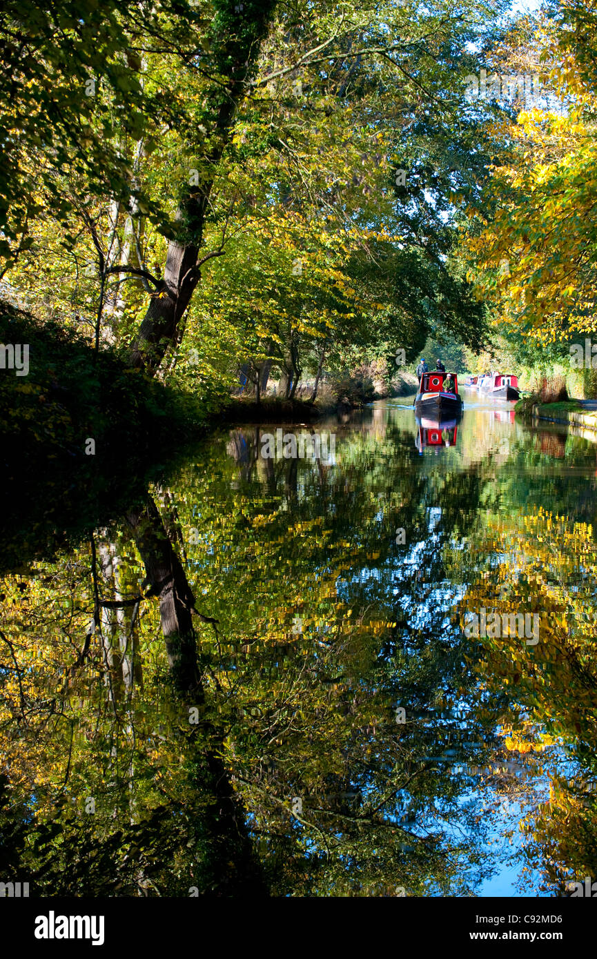 Narrow boat on the Llangollen Canal at Ellesmere, Shropshire UK in autumn Stock Photo