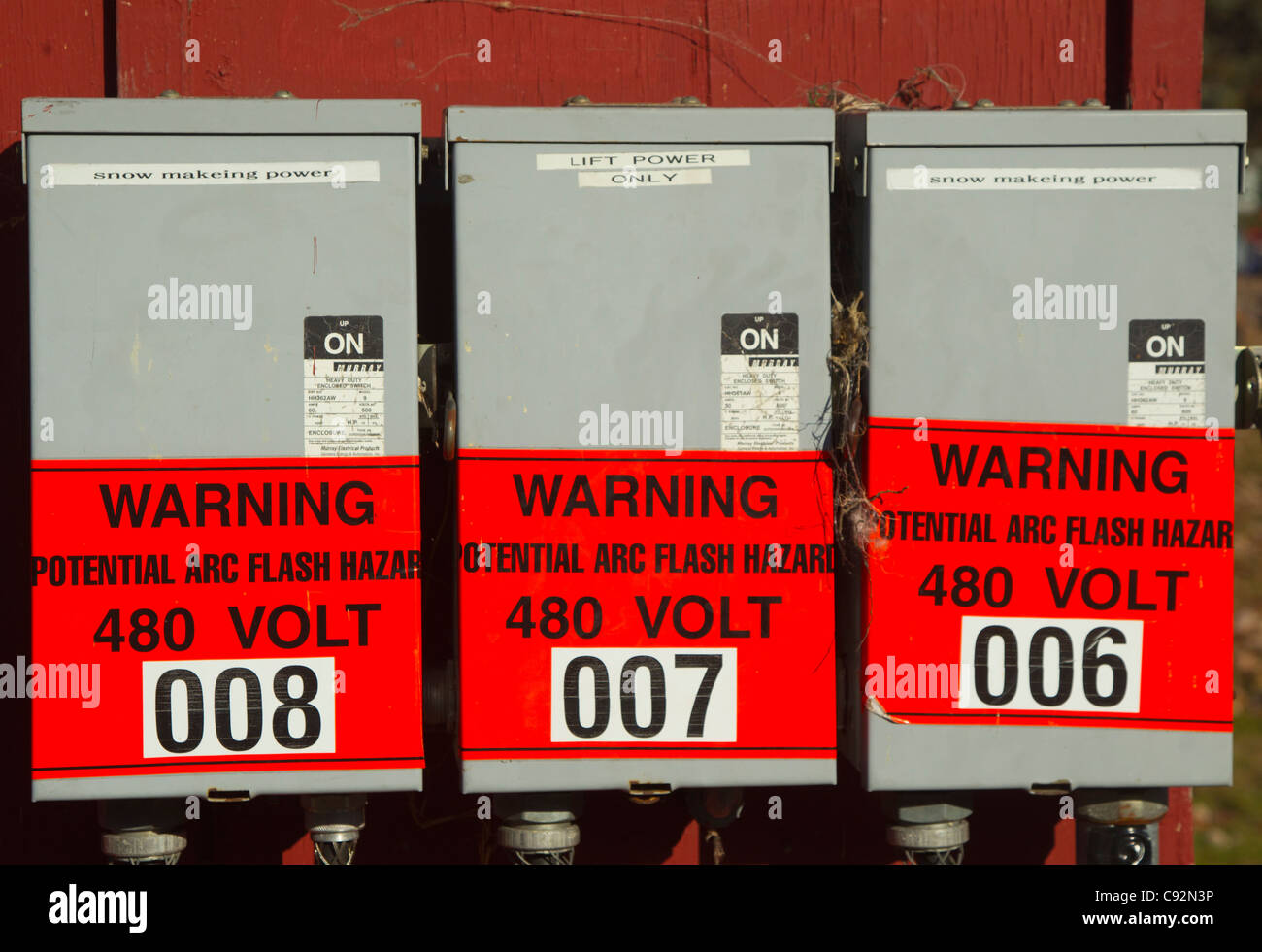 High voltage labels on electrical boxes Stock Photo Alamy