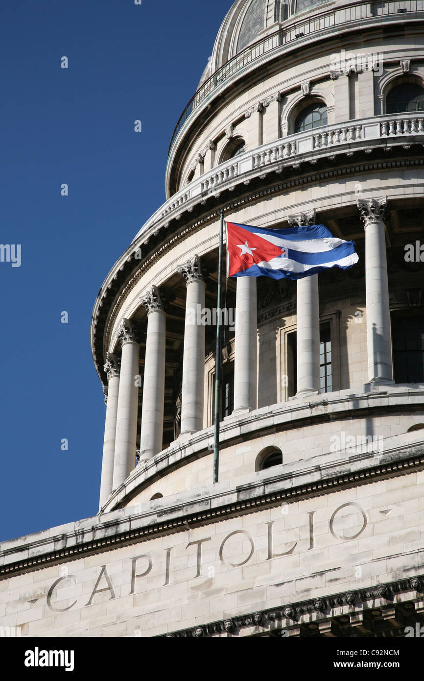 Cuban national flag at the National Capitol at Paseo del Prado in Havana, Cuba. Stock Photo