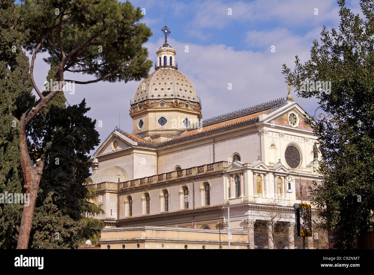 The ornate facade of the Catholic church of San Gioacchino opened in 1898 situated in Via Pompeo Magno in the Prati district of Stock Photo