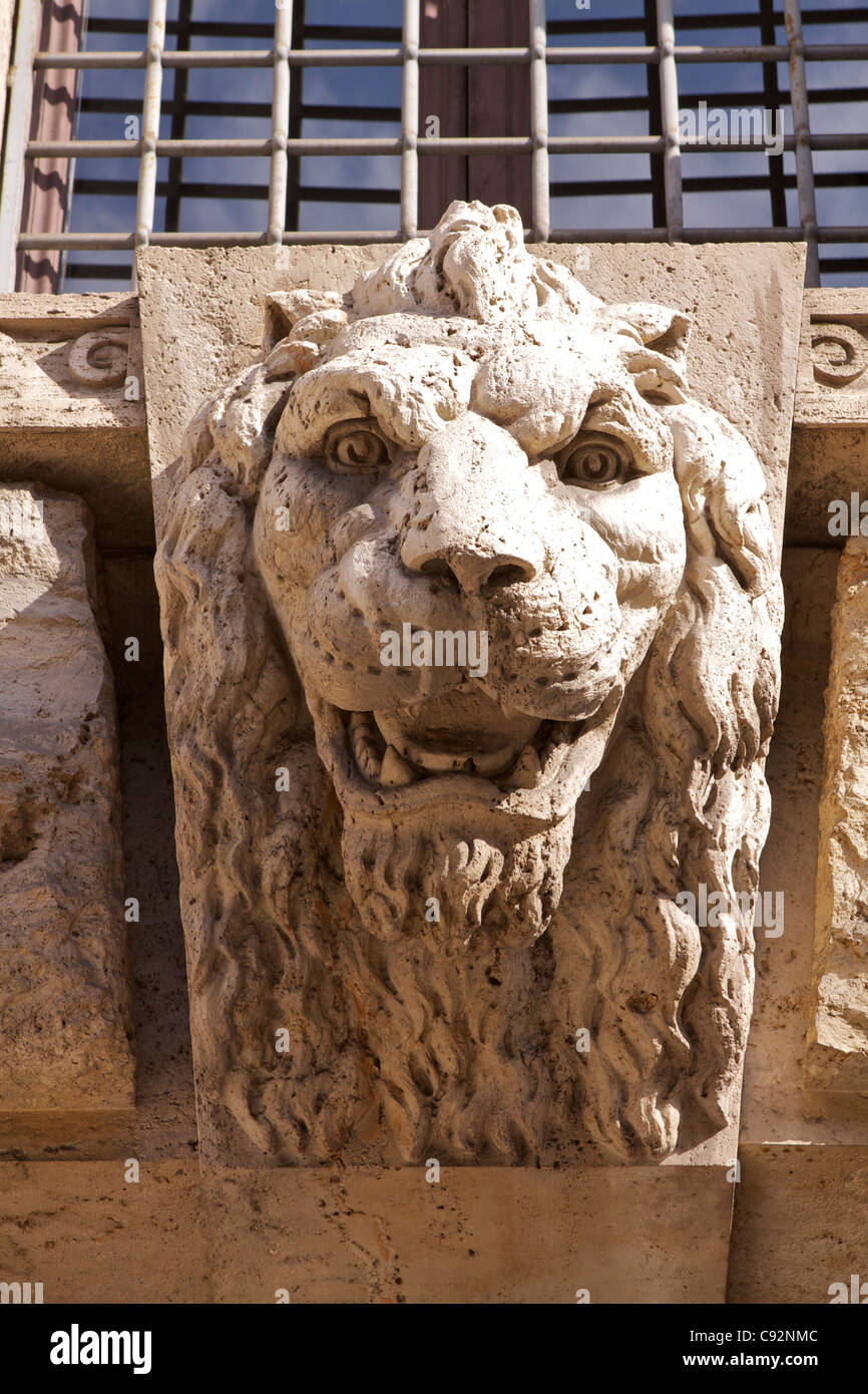Stone Lion fountain on the exterior of the Corte di Cassazione - the highest court in the Italian  judicial system facing the Stock Photo