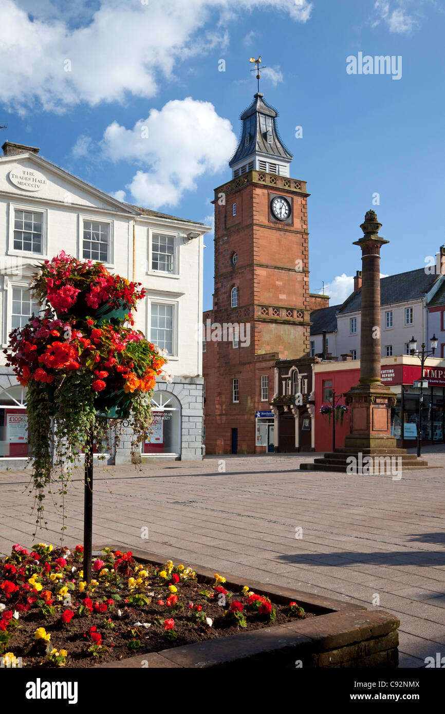 The Trades Hall, the Mid Steeple and the Queensberry Monument, Dumfries, Scotland Stock Photo