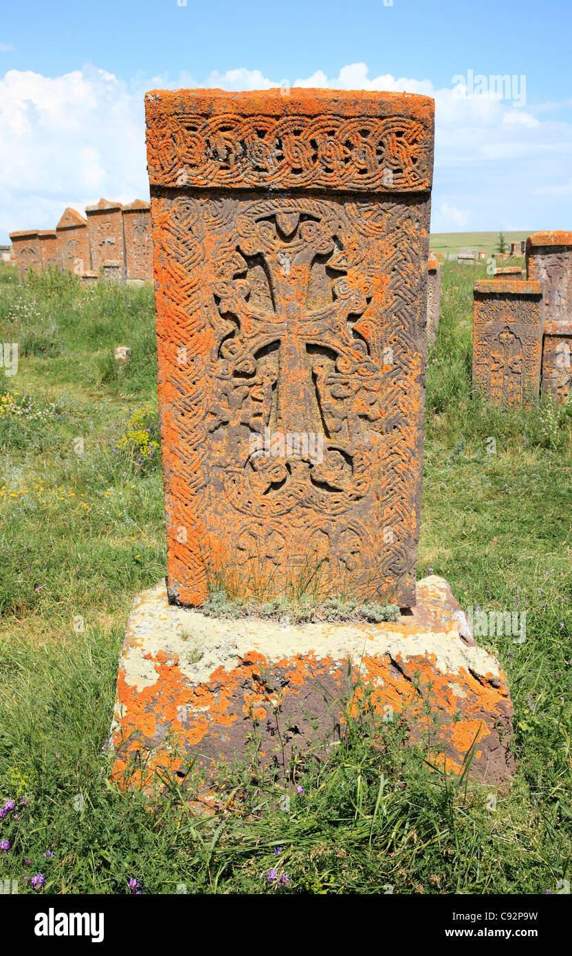 There is a large monastery on the island in Lake Sevan known for the khachkars memorial stones with carvings and inscriptions Stock Photo