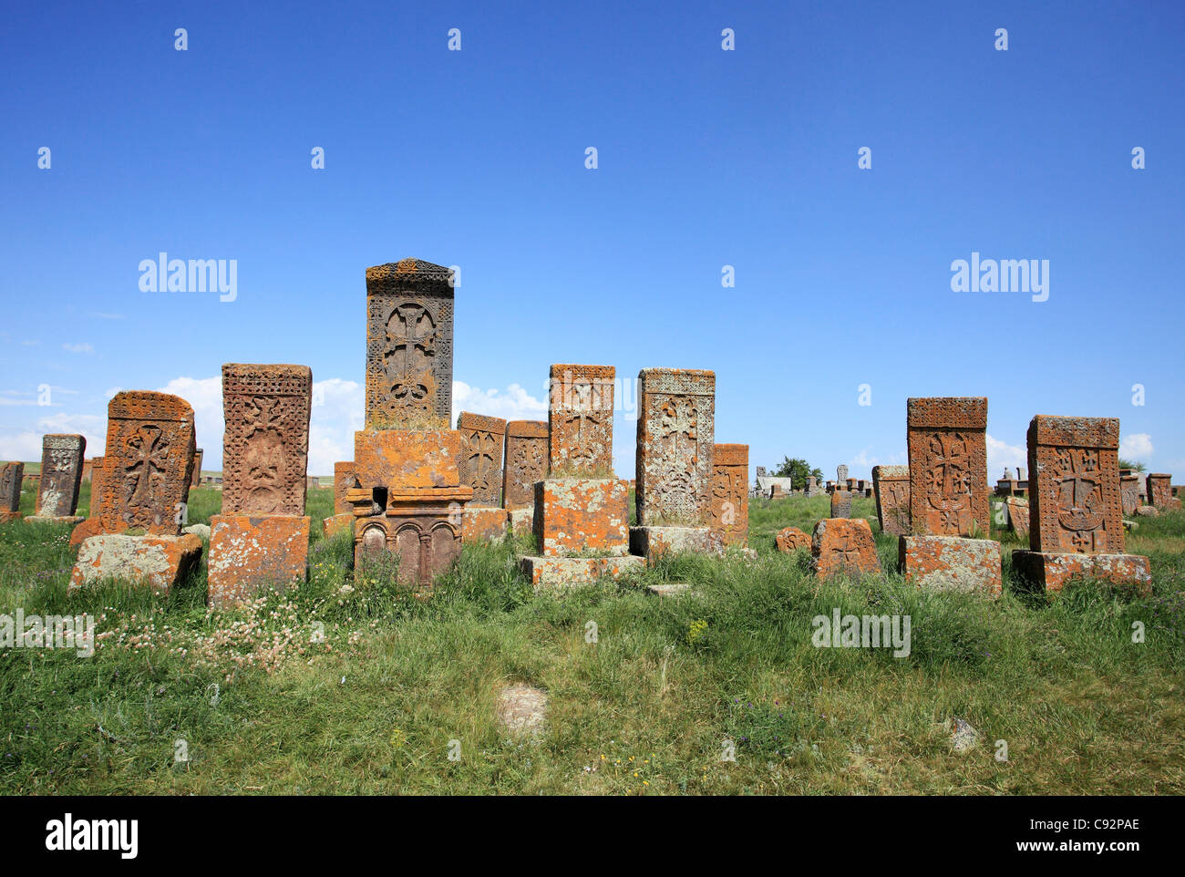 There is a large monastery on the island in Lake Sevan known for the khachkars memorial stones with carvings and inscriptions Stock Photo