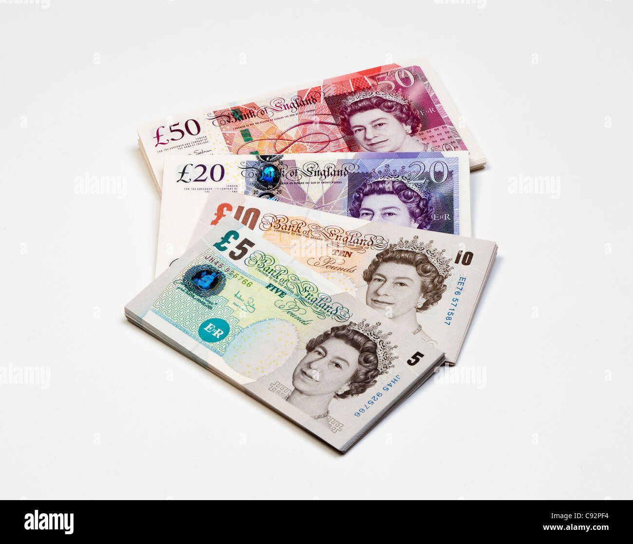 New British Bank Notes 50 20 10 5 pounds sterling Stock Photo