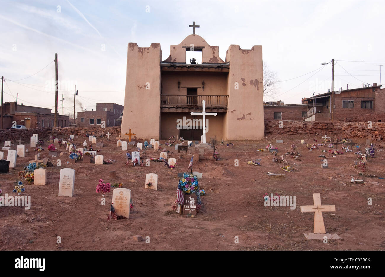 Mission church and cemetery at Zuni pueblo, small town of Native