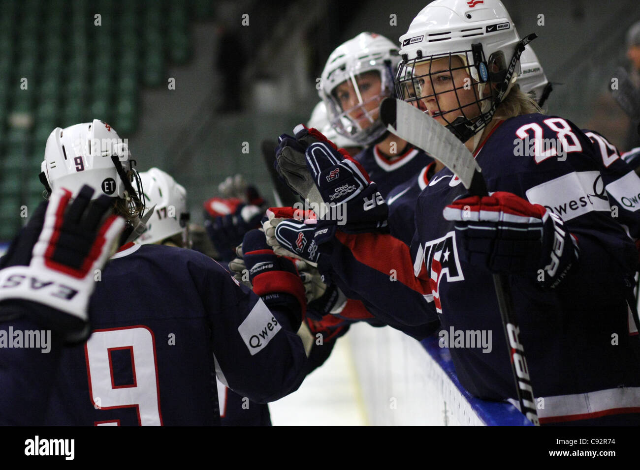 USA making high fives after scoring against Sweden. The game between USA and Sweden ended 0-8 in the tournament in Nyköping, Sweden Stock Photo