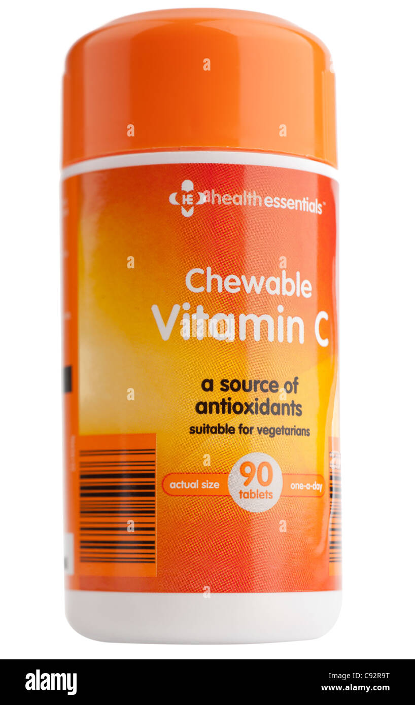 Vitamin C chewable tablets one a day from health essentials 90 in a safety screw top container Stock Photo