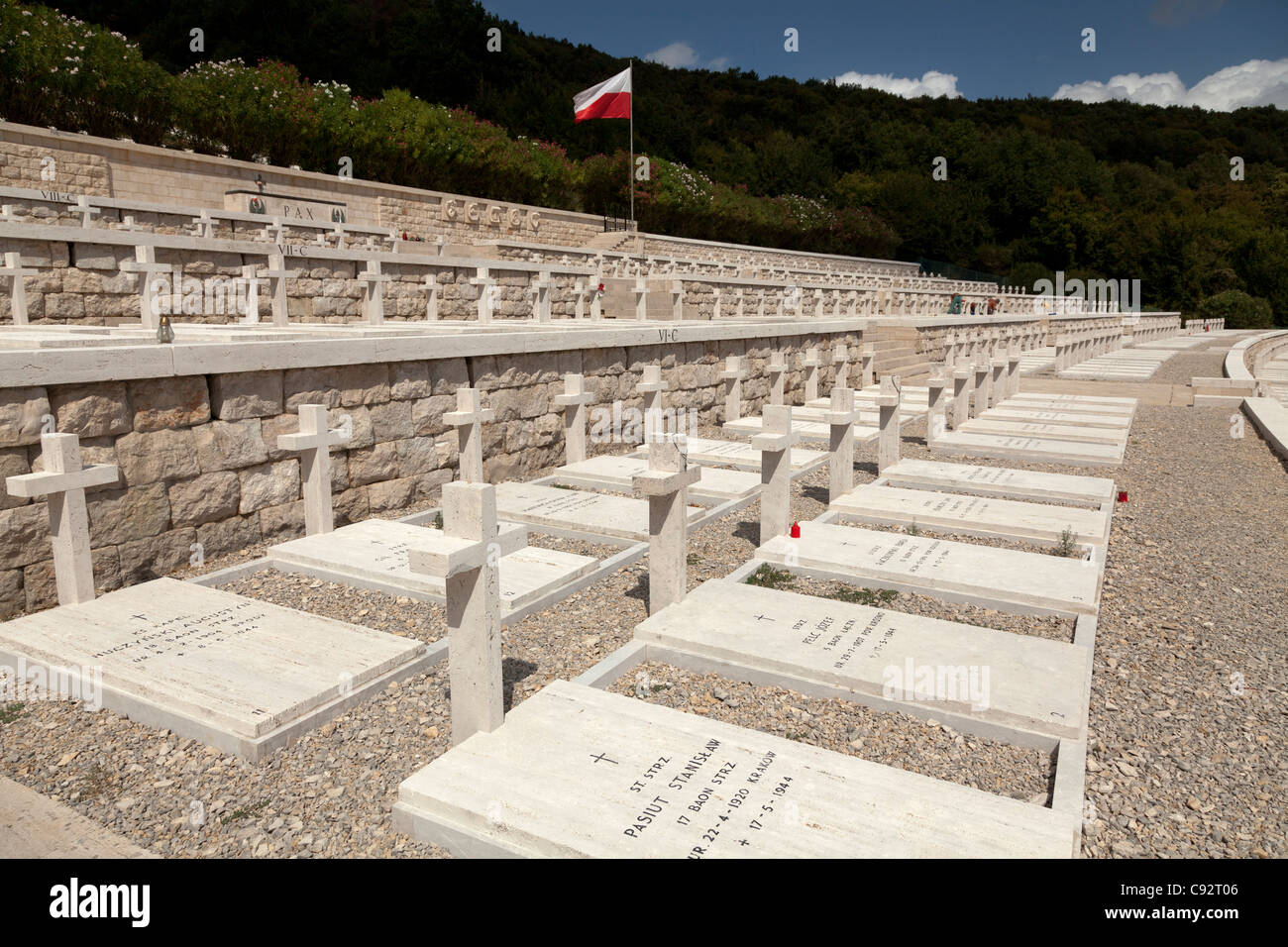 Rows of soldiers graves with crosses at The Polish Cemetery at Monte cassino. Stock Photo