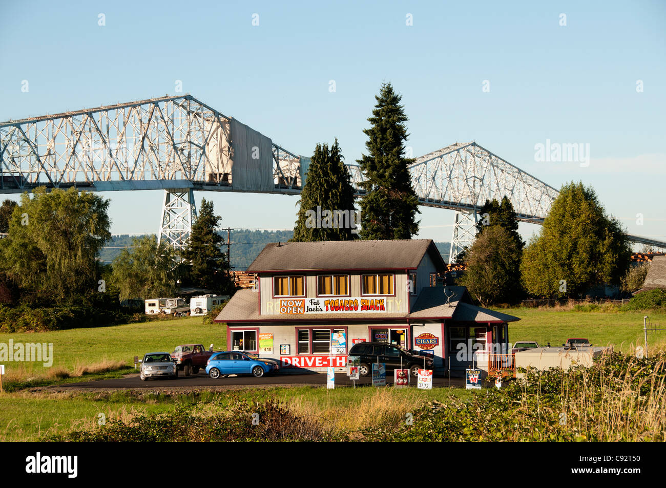Fat Jack's Tobacco Shack drive trough Lewis And Clark Bridge Columbia River  Longview Washington State United States Stock Photo