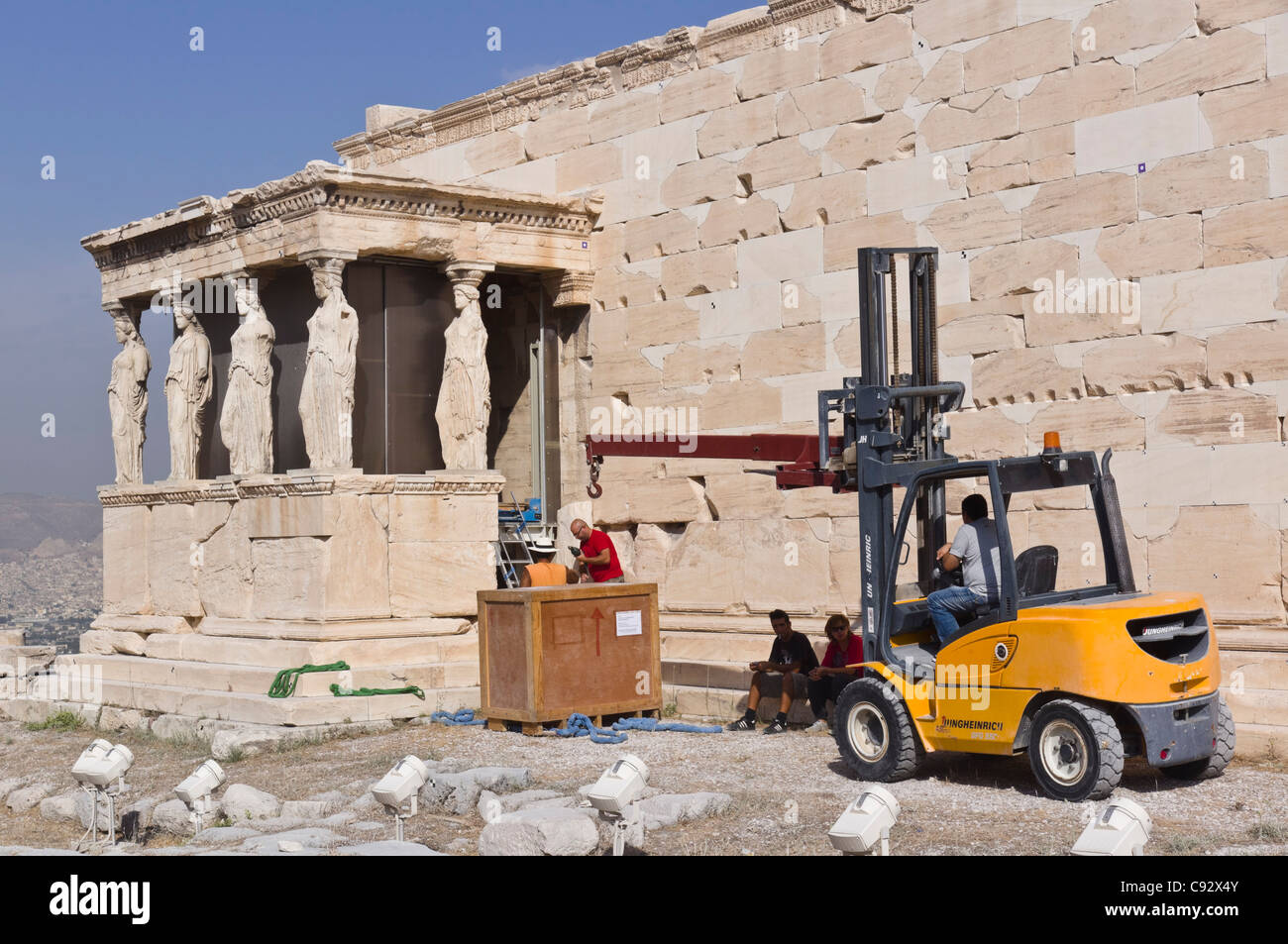 Delivery of crated conserved artefacts to be replaced inside the ...