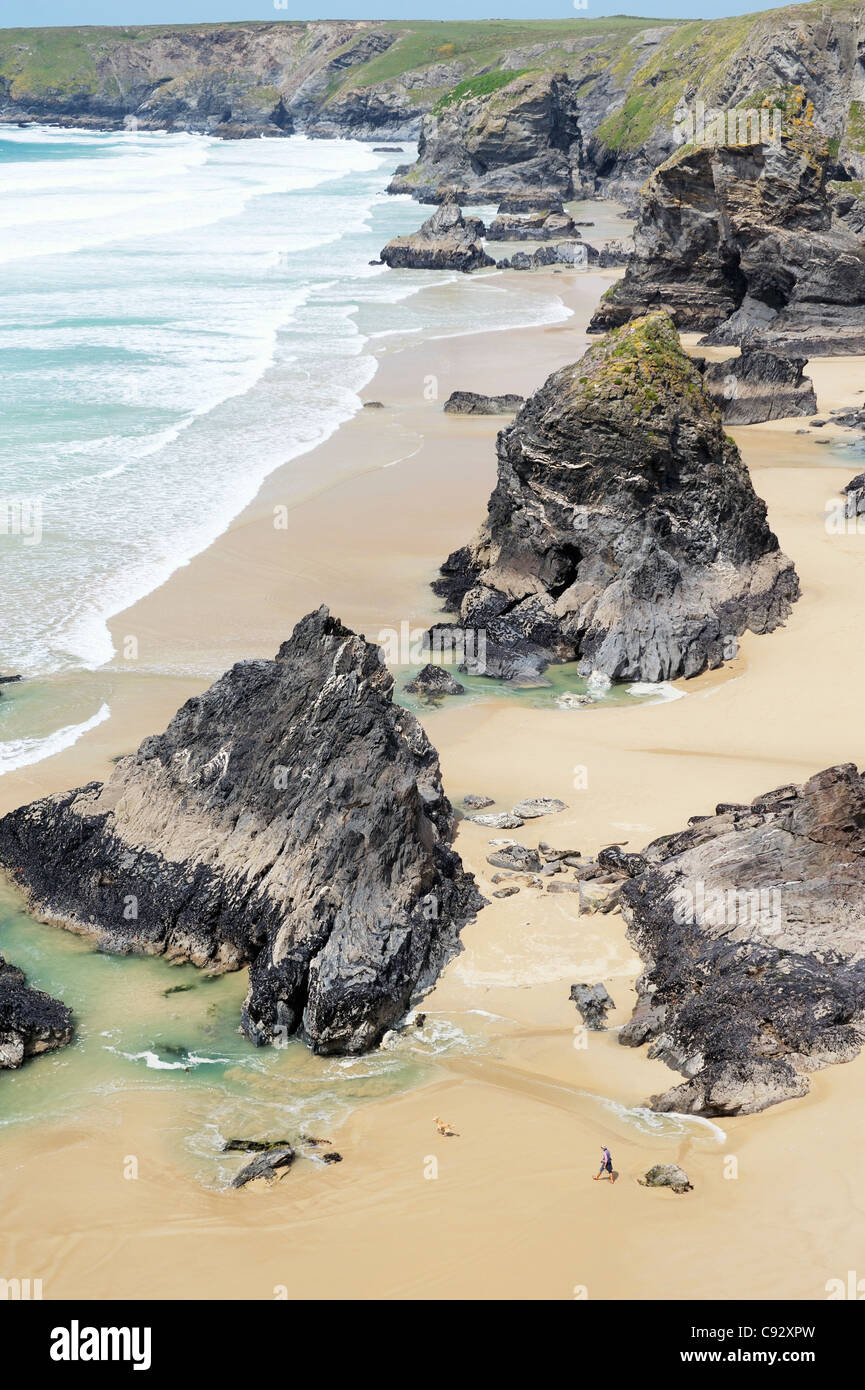 Sea stacks, cliffs and beach at Bedruthan Steps on the South West Coast Path between Padstow and Newquay, Cornwall, England. Stock Photo