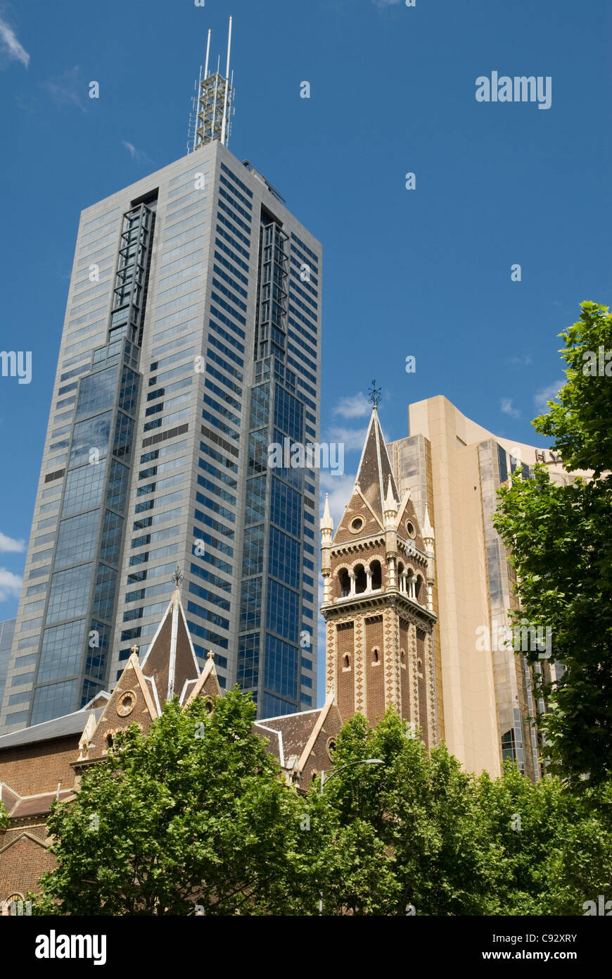 St. Michael's Uniting Church is a distinctive church with a controversial ministry which stands on Collins Street amongst Stock Photo